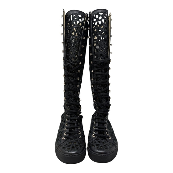 Chanel Camellia Laser Cut Knee High Boots Sneakers Interlocking CC Logo Black 37