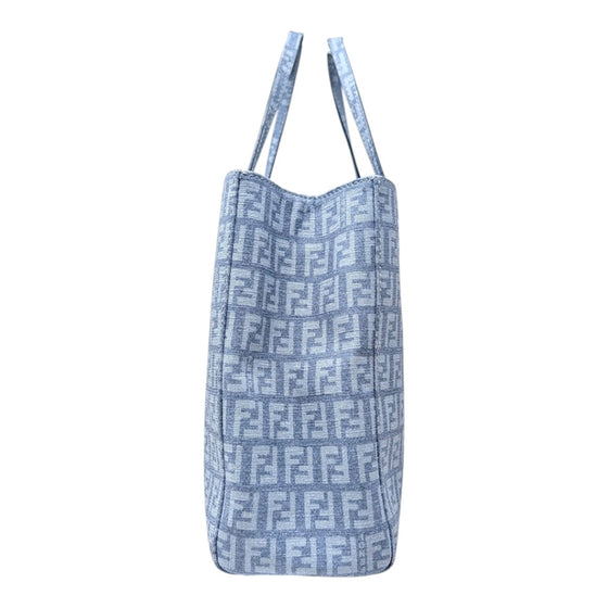Fendi Zucchino FF Monogram Tote Handbag Light Blue Silver Hardware