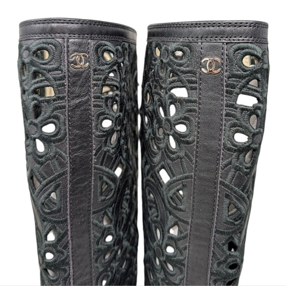 Chanel Camellia Laser Cut Knee High Boots Sneakers Interlocking CC Logo Black 37
