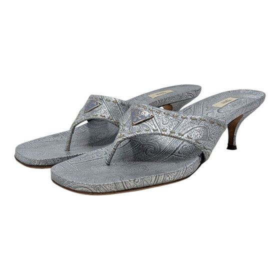Vintage Prada Kitten Heel Flip Flops in Silver, size 40