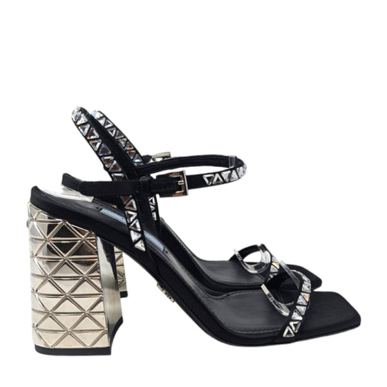 Prada crystal strappy block heels in black and silver, size 36