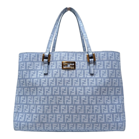 Fendi Zucchino FF Monogram Tote Handbag Light Blue Silver Hardware