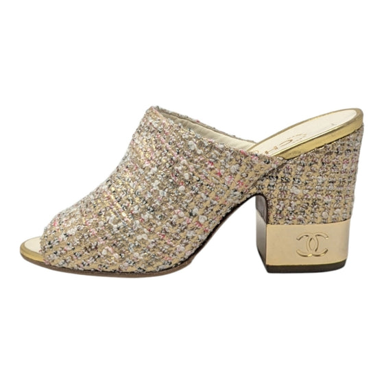 Chanel 2018 mule heels in gold tweed, size 37.5