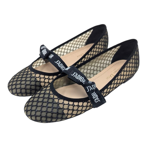 Christian Dior Miss J'Adior ribbon mesh ballet flat in black, size 38.5