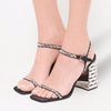 Prada crystal strappy block heels in black and silver, size 36