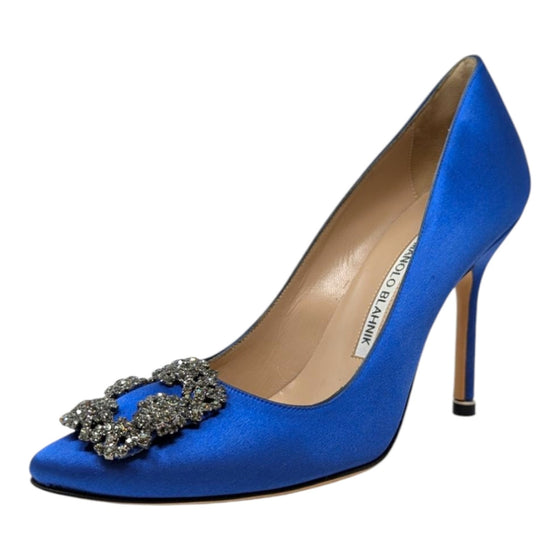 Manolo Blahnik Hangisi 105 crystal pump in blue satin, size 36.5