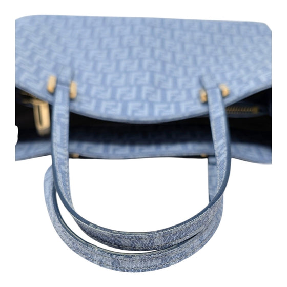 Fendi Zucchino FF Monogram Tote Handbag Light Blue Silver Hardware