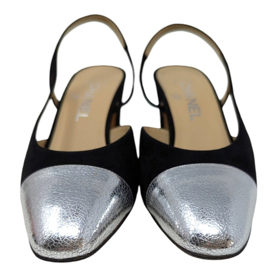 Chanel slingback heels in two tone black silver, size 37.5