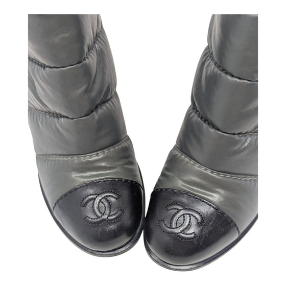 Chanel CC Logo Puffer Quilted Booties in Gray, Size 37