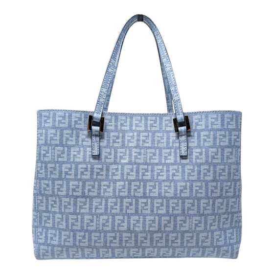 Fendi Zucchino FF Monogram Tote Handbag Light Blue Silver Hardware