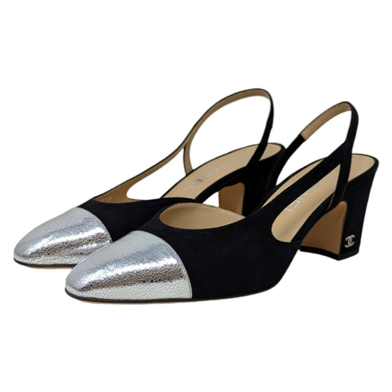 Chanel slingback heels in two tone black silver, size 37.5