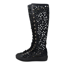 Chanel Camellia Laser Cut Knee High Boots Sneakers Interlocking CC Logo Black 37