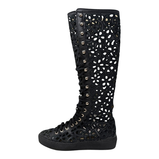Chanel Camellia Laser Cut Knee High Boots Sneakers Interlocking CC Logo Black 37