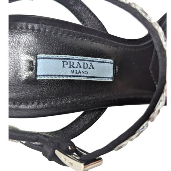 Prada crystal strappy block heels in black and silver, size 36