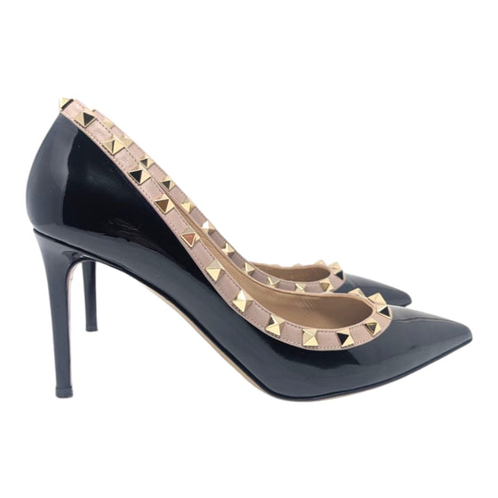 Valentino Rockstud pumps in black patent and blush, size 38