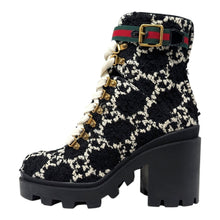 Gucci Tweed GG Monogram Combat Boots in Black, size 38.5