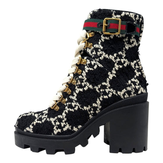 Gucci Tweed GG Monogram Combat Boots in Black, size 38.5