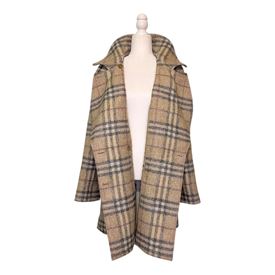 Burberry Nova Check Plaid Coat in Beige, Size 14