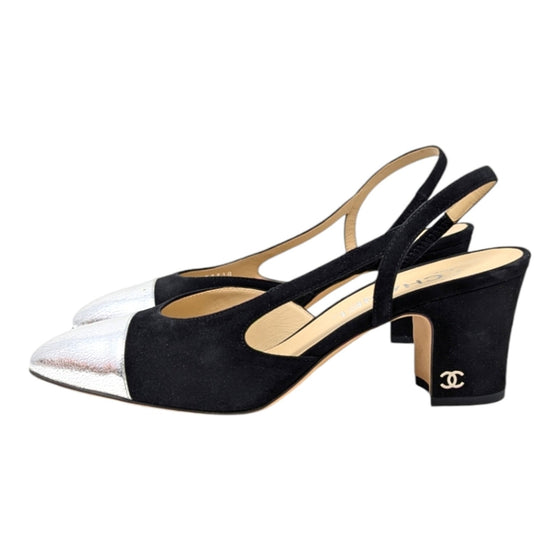 Chanel slingback heels in two tone black silver, size 37.5