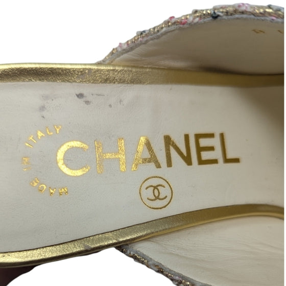 Chanel 2018 mule heels in gold tweed, size 37.5