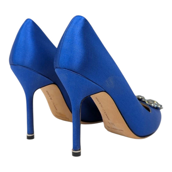 Manolo Blahnik Hangisi 105 crystal pump in blue satin, size 36.5