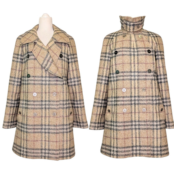Burberry Nova Check Plaid Coat in Beige, Size 14