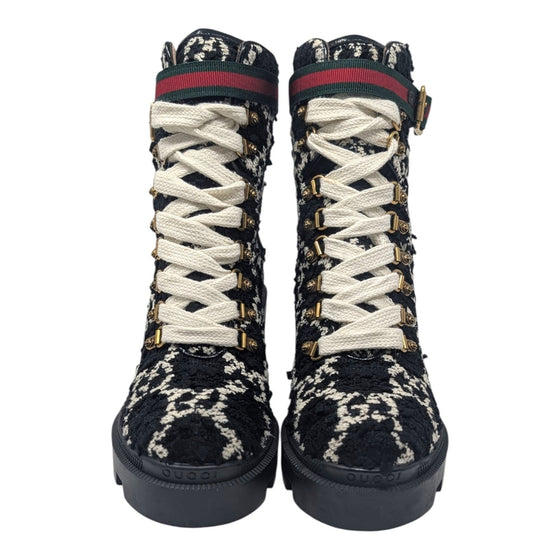 Gucci Tweed GG Monogram Combat Boots in Black, size 38.5
