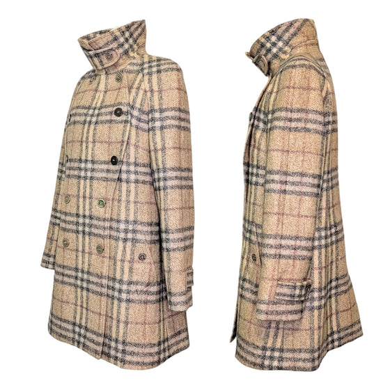 Burberry Nova Check Plaid Coat in Beige, Size 14
