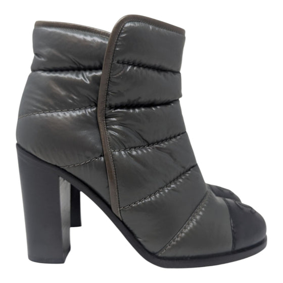 Chanel CC Logo Puffer Quilted Booties in Gray, Size 37