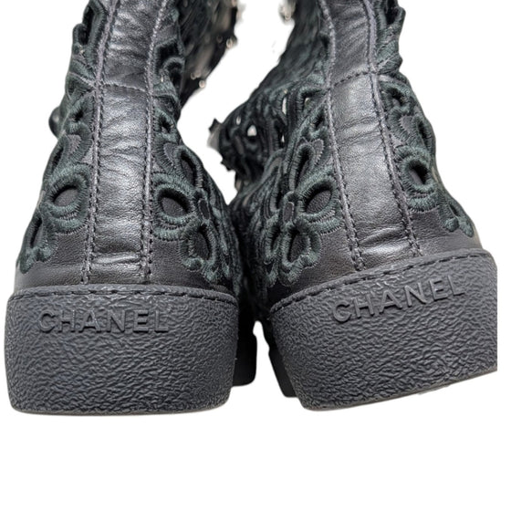Chanel Camellia Laser Cut Knee High Boots Sneakers Interlocking CC Logo Black 37