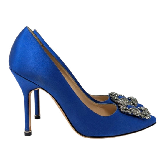 Manolo Blahnik Hangisi 105 crystal pump in blue satin, size 36.5