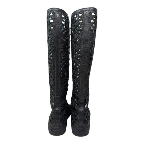 Chanel Camellia Laser Cut Knee High Boots Sneakers Interlocking CC Logo Black 37