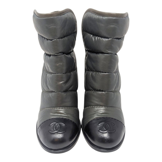 Chanel CC Logo Puffer Quilted Booties in Gray, Size 37