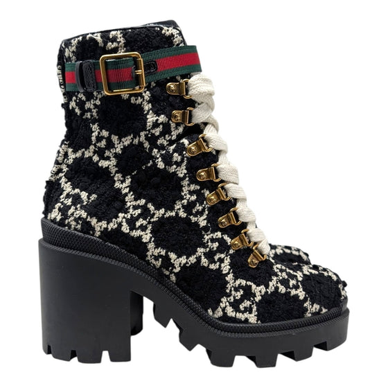 Gucci Tweed GG Monogram Combat Boots in Black, size 38.5