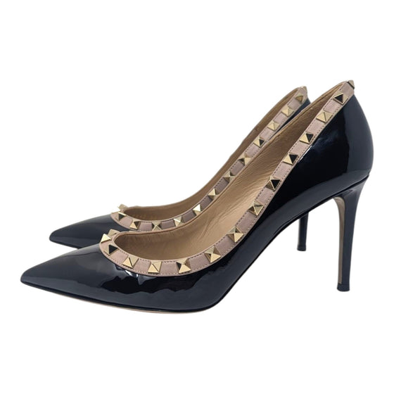 Valentino Rockstud pumps in black patent and blush, size 38