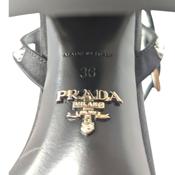 Prada crystal strappy block heels in black and silver, size 36