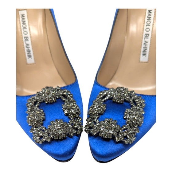 Manolo Blahnik Hangisi 105 crystal pump in blue satin, size 36.5