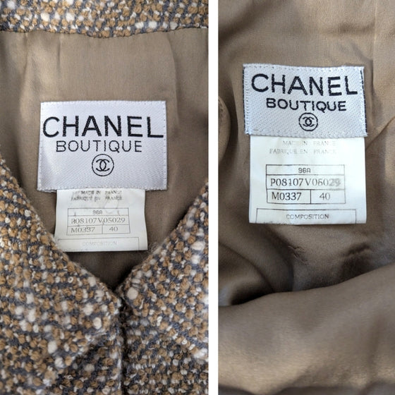 Vintage Chanel 1996 skirt suit in neutral tweed, size FR 40